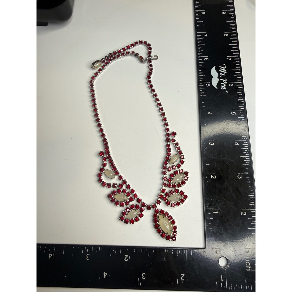 Vintage Red Rhinestone White Cabochon Silver Tone Bib Collar Necklace 16 Inch
